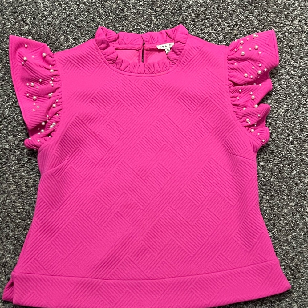 JODIFL Fuchsia Ruffle Neck Tank with Pearl-Embellished Flutter Sleeves